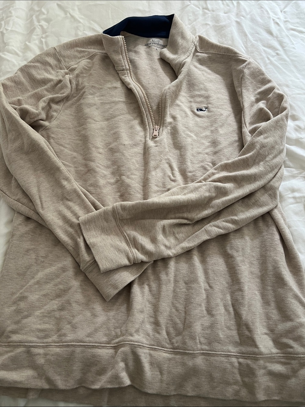 Vineyard Vines Men’s Half-Zip Pullover in Light Beige with Navy Trim